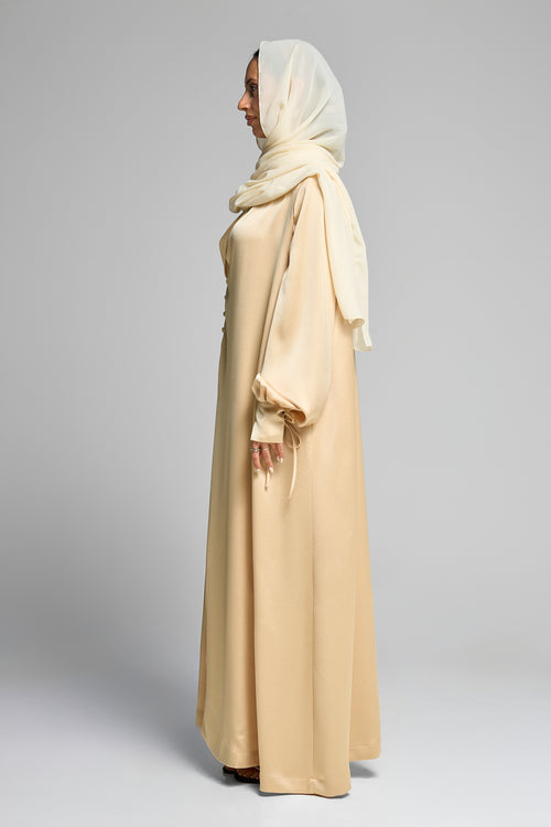 Premium Satin Wrap Yellow Abaya with Side Buttons – hover image