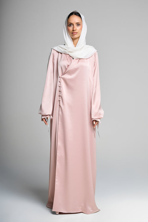 Premium Satin Wrap Pink Abaya with Side Buttons