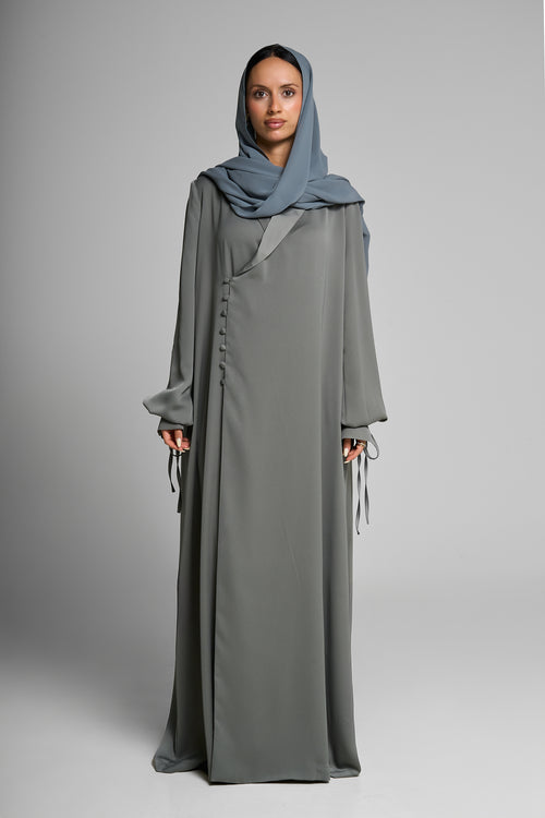 Premium Satin Wrap Gray Abaya with Side Buttons