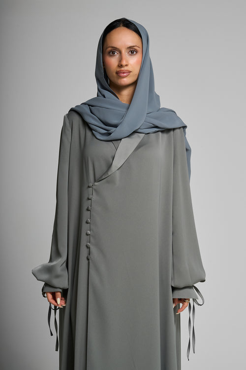 Premium Satin Wrap Gray Abaya with Side Buttons – hover image
