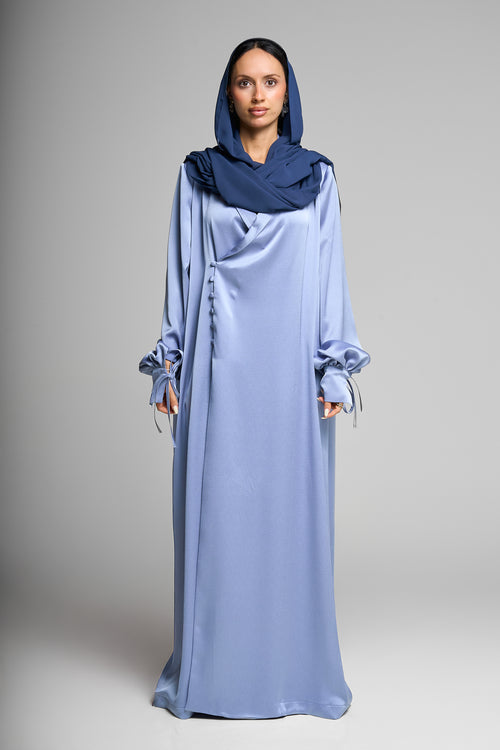 Premium Satin Wrap Blue haze Abaya with Side Buttons