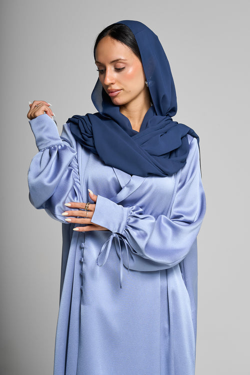 Premium Satin Wrap Blue haze Abaya with Side Buttons – hover image