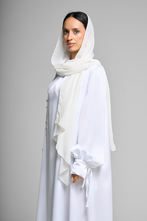 Premium Satin Wrap White Abaya with Side Buttons