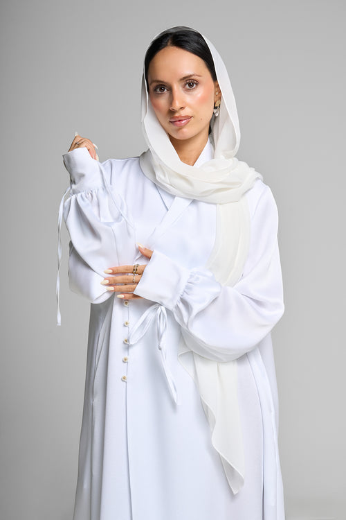 Premium Satin Wrap White Abaya with Side Buttons – hover image