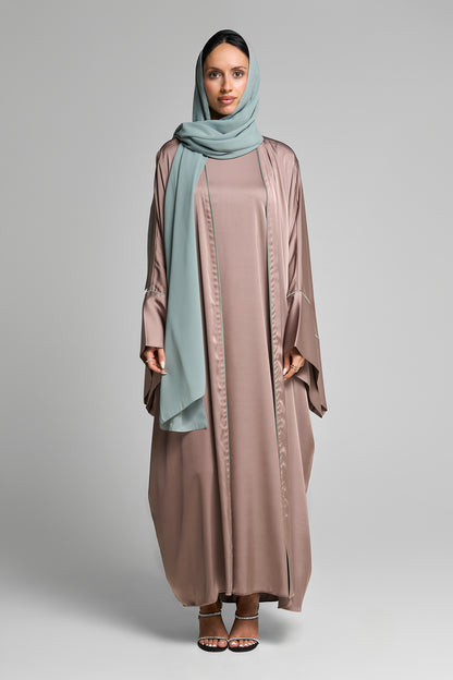 Elegant Pale Taube Open Abaya Set Vertical Detailing With Matching Inner Dress