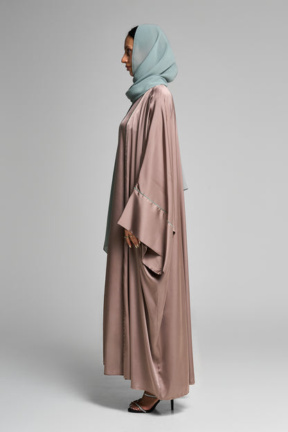 Elegant Pale Taube Open Abaya Set Vertical Detailing With Matching Inner Dress
