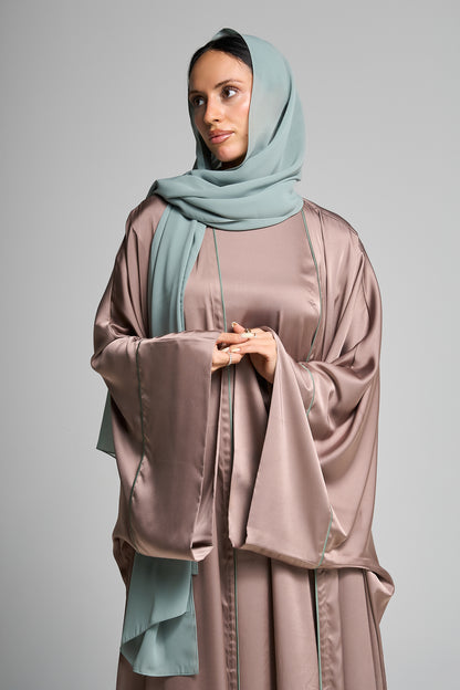 Elegant Pale Taube Open Abaya Set Vertical Detailing With Matching Inner Dress