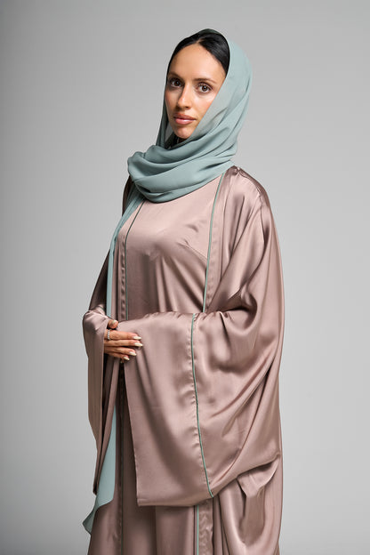 Elegant Pale Taube Open Abaya Set Vertical Detailing With Matching Inner Dress
