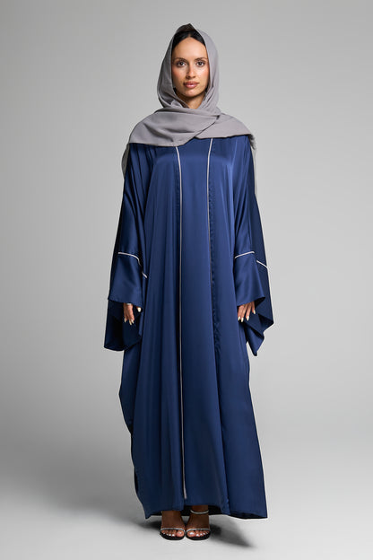 Elegant Glossy Navy Jacquard Open Abaya Set Vertical Detailing With Matching Inner Dress