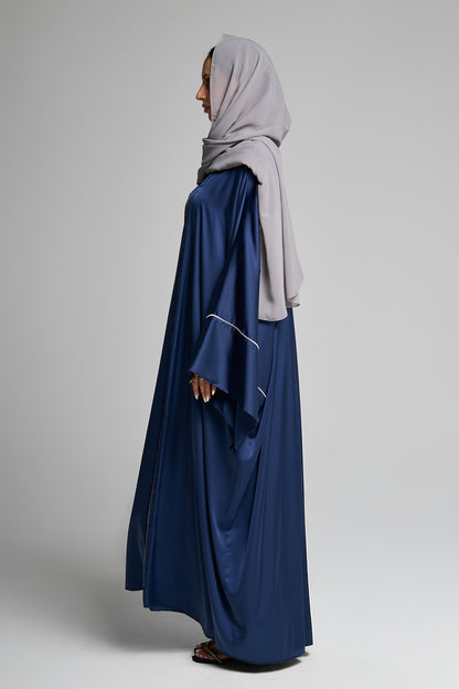 Elegant Glossy Navy Jacquard Open Abaya Set Vertical Detailing With Matching Inner Dress