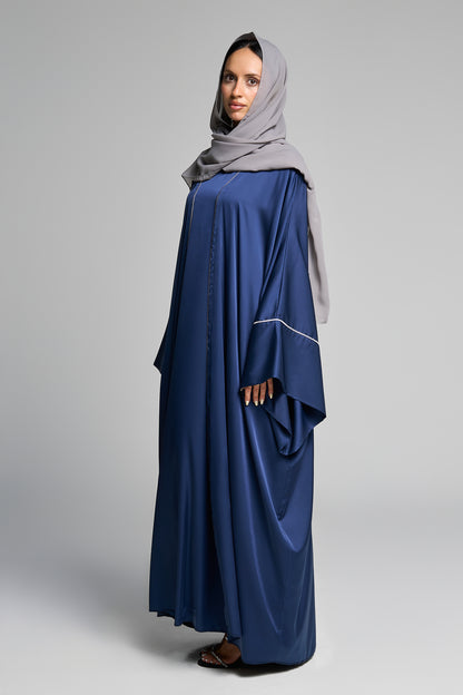 Elegant Glossy Navy Jacquard Open Abaya Set Vertical Detailing With Matching Inner Dress