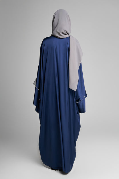 Elegant Glossy Navy Jacquard Open Abaya Set Vertical Detailing With Matching Inner Dress