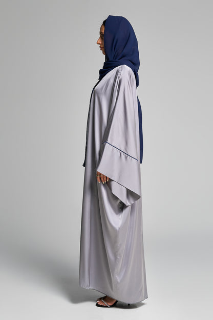 Elegant Silver Open Abaya Set Vertical Detailing With Matching Inner Dress