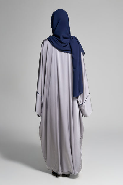 Elegant Silver Open Abaya Set Vertical Detailing With Matching Inner Dress