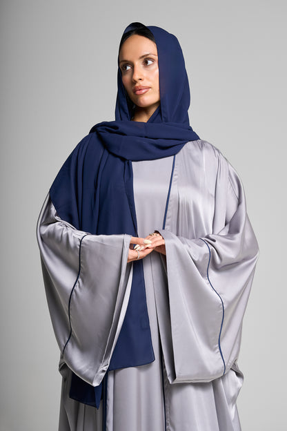 Elegant Silver Open Abaya Set Vertical Detailing With Matching Inner Dress
