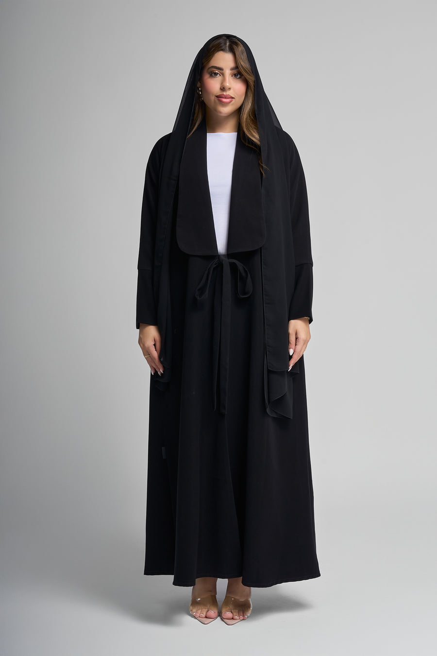 Classic Open Abaya with Draped Front and Tie Waist