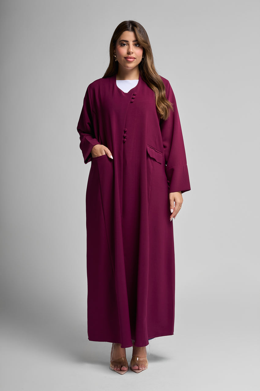Plum Button-Front Abaya with Side Pocket Detail