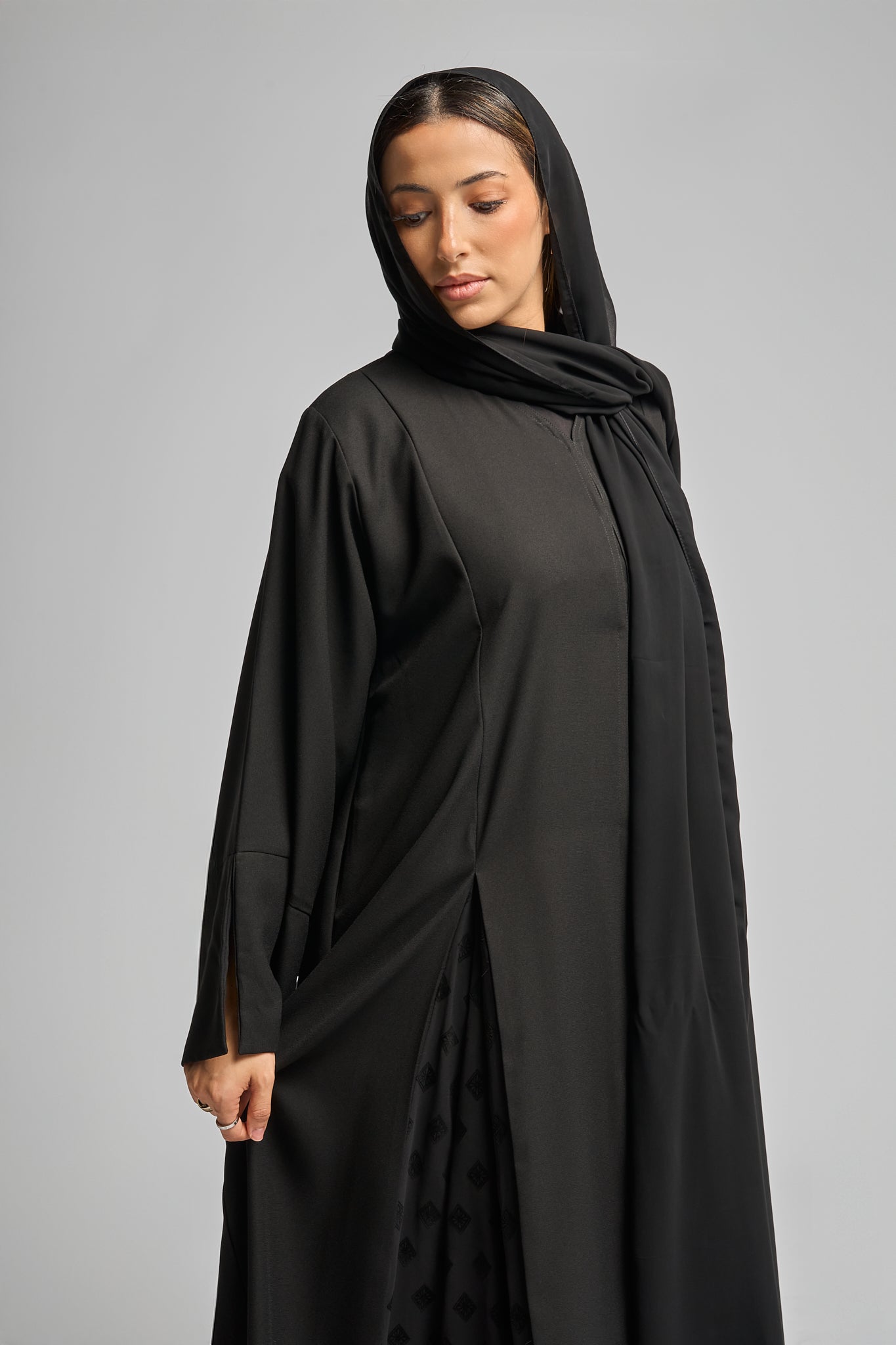 Classic Black Abaya with Patterned Panels