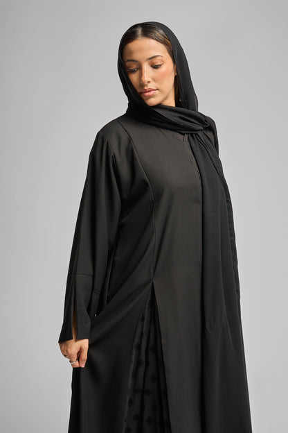 Classic Black Abaya with Patterned Panels