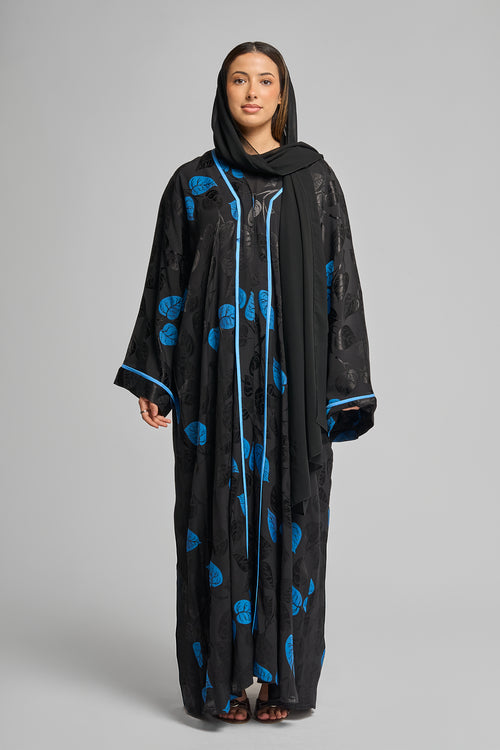 Black & Blue Leaf Print Abaya