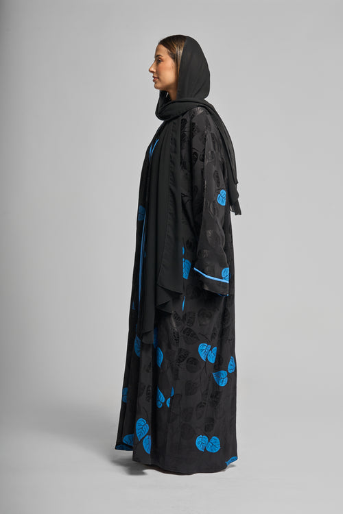 Black & Blue Leaf Print Abaya – hover image
