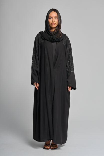Black Abaya with Textured Floral Sleeve Detailing