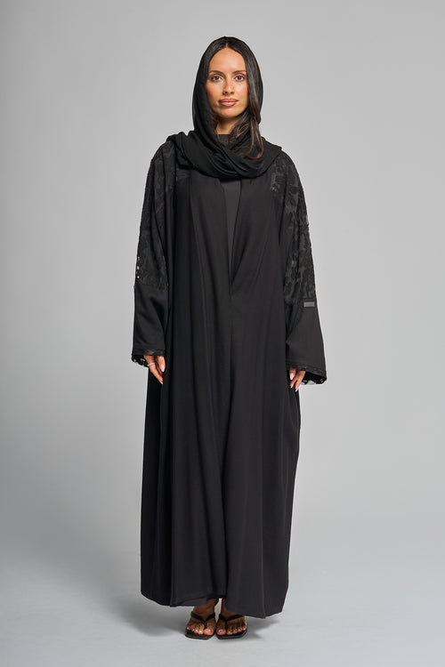 Black Abaya with Textured Floral Sleeve Detailing