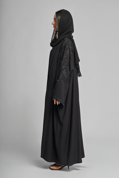 Black Abaya with Textured Floral Sleeve Detailing