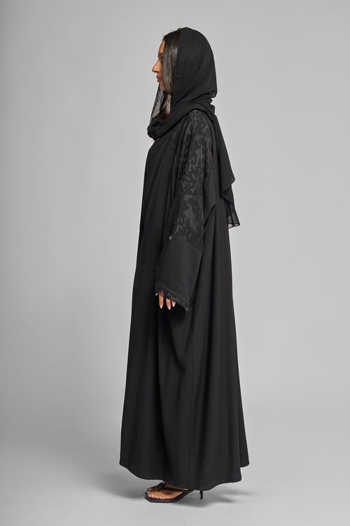 Black Abaya with Textured Floral Sleeve Detailing – hover image