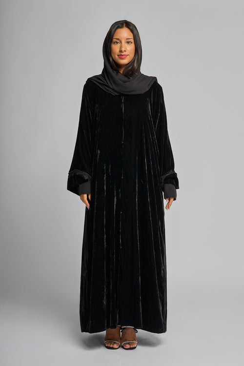 Velvet Abaya with Lace Sleeve Detail