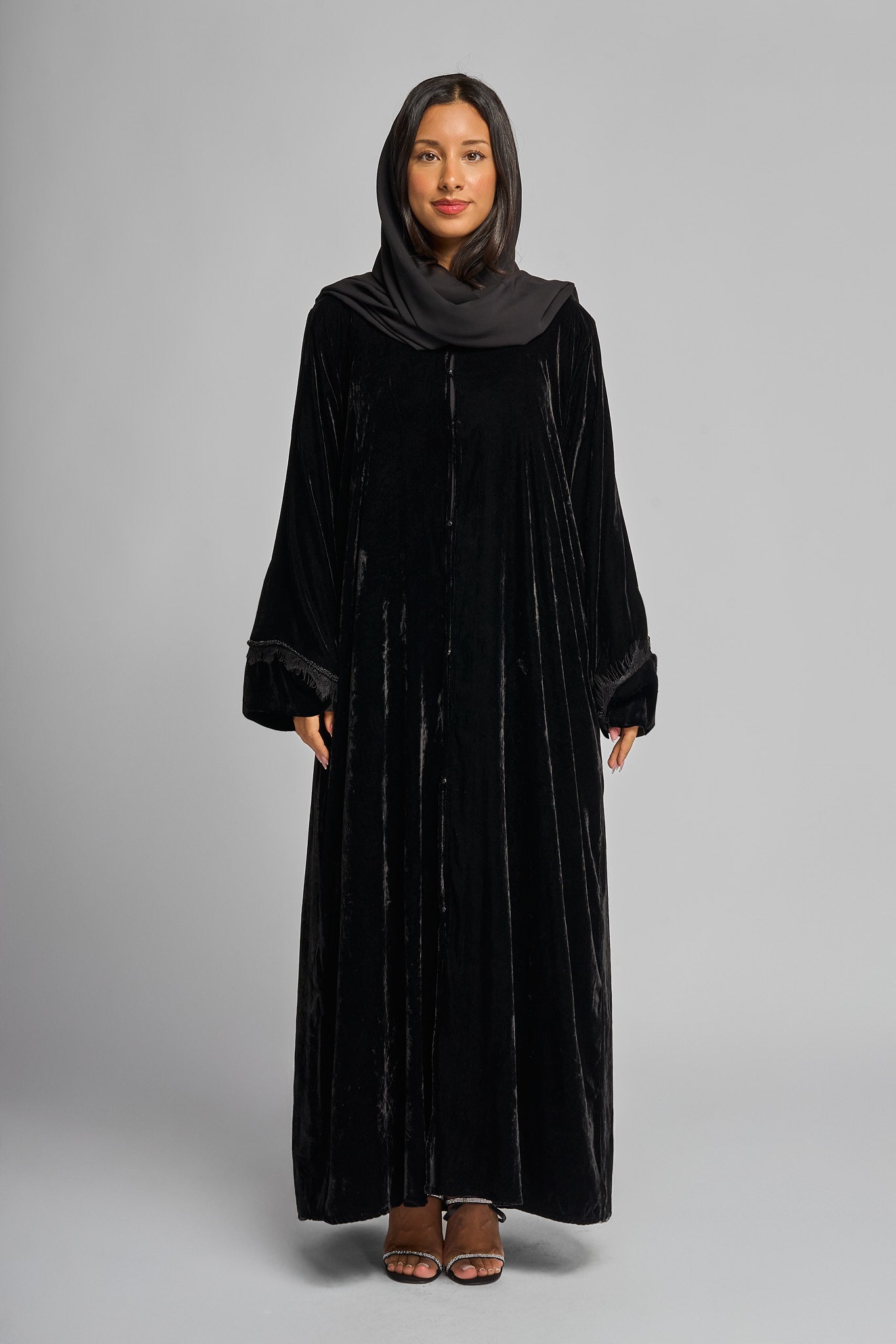 Velvet Abaya with Lace Sleeve Detail
