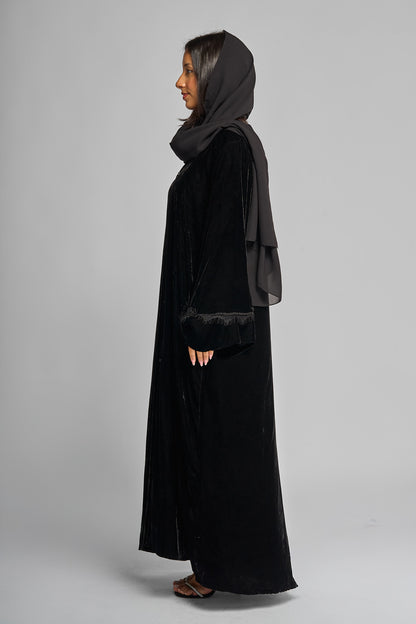 Velvet Abaya with Lace Sleeve Detail