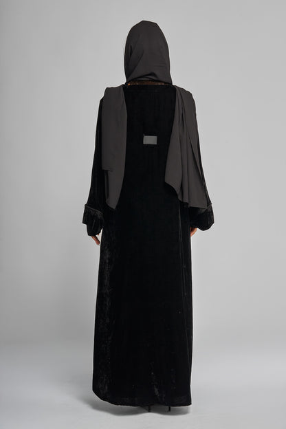 Velvet Abaya with Lace Sleeve Detail