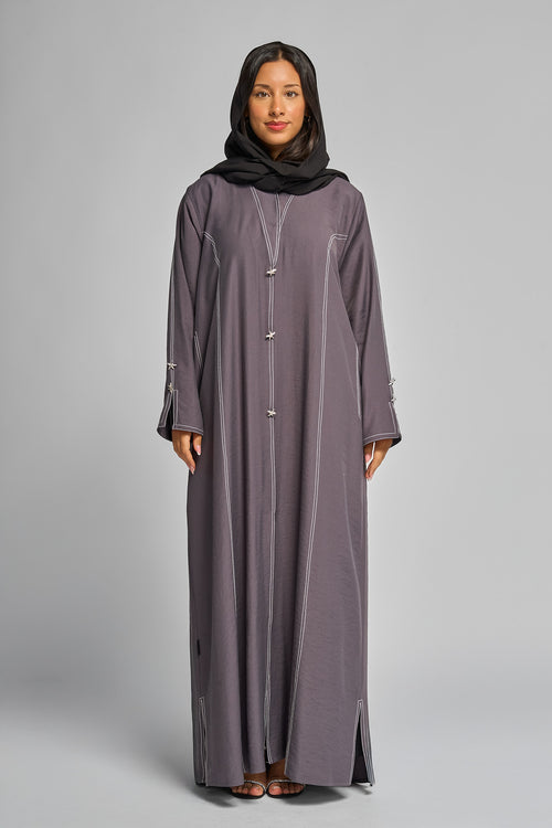 Stitch-Detail Abaya with Front Button Accents