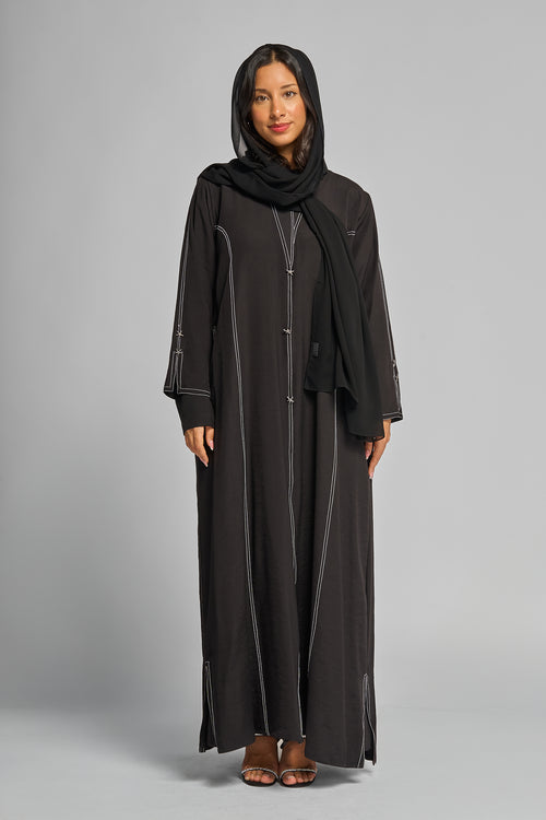 Stitch-Detail Brown Abaya with Front Button Accents