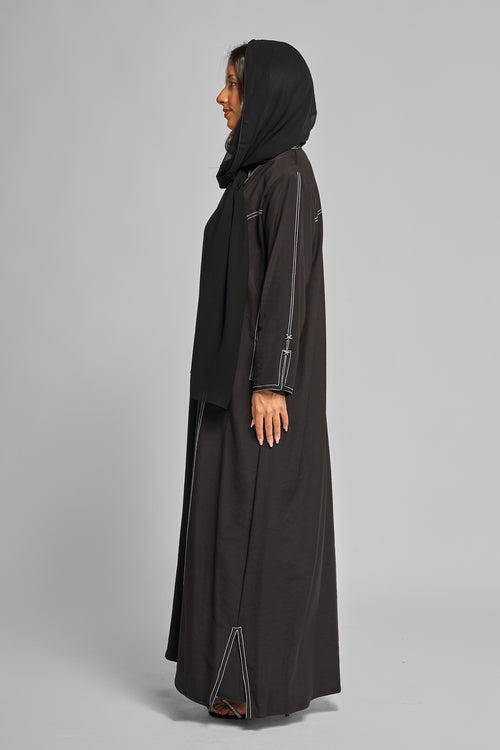 Stitch-Detail Brown Abaya with Front Button Accents – hover image