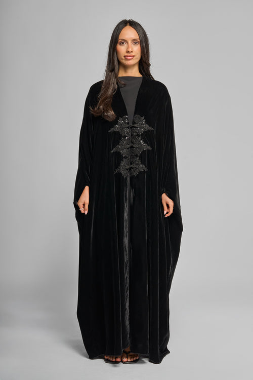 Premium Black Velvet Abaya with Intricate Central Hand Embellishment