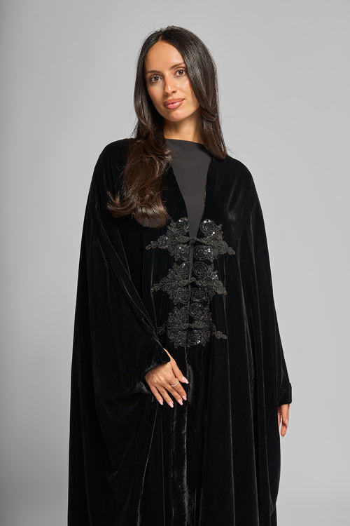 Premium Black Velvet Abaya with Intricate Central Hand Embellishment – hover image
