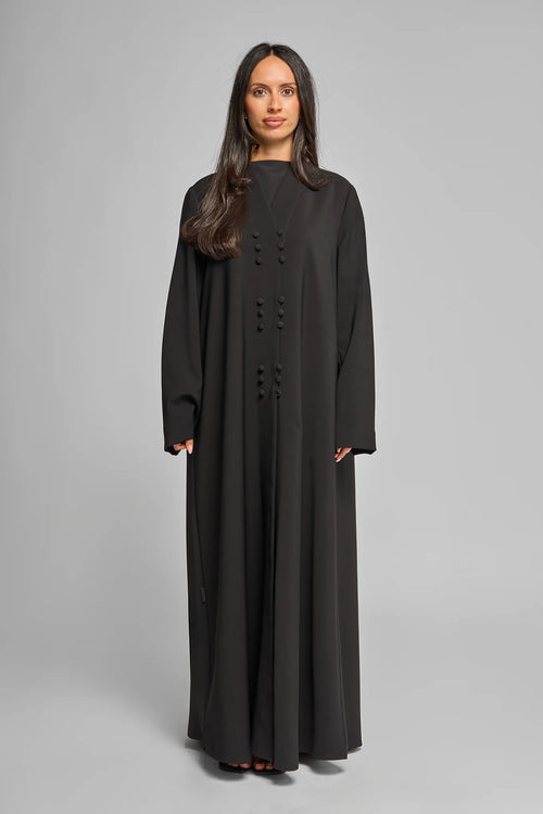 Elegant Minimalist Black Abaya with Vertical Button Accents