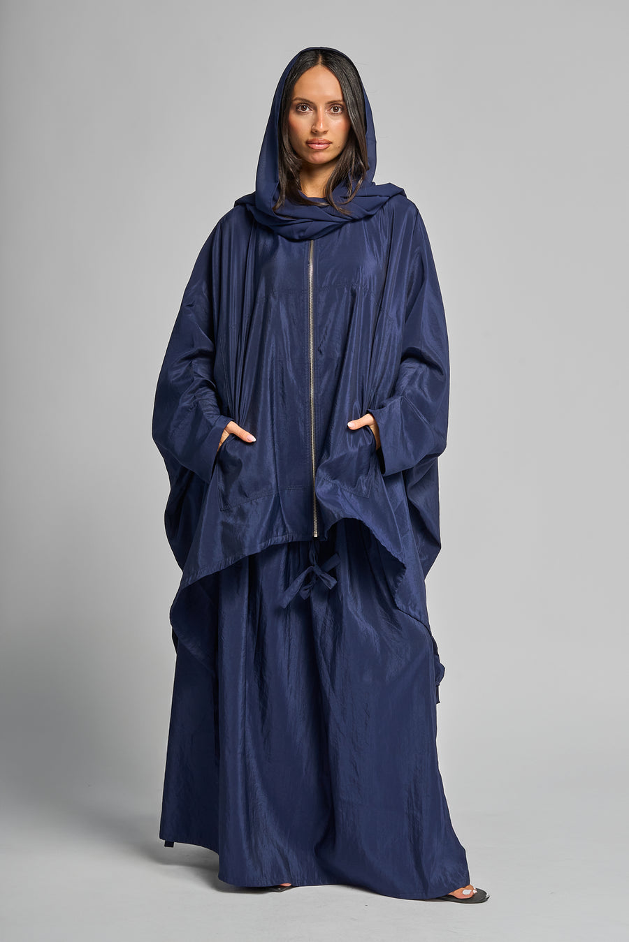 Modest Streetwear Blue Abaya Set with Zip Jacket and Skirt