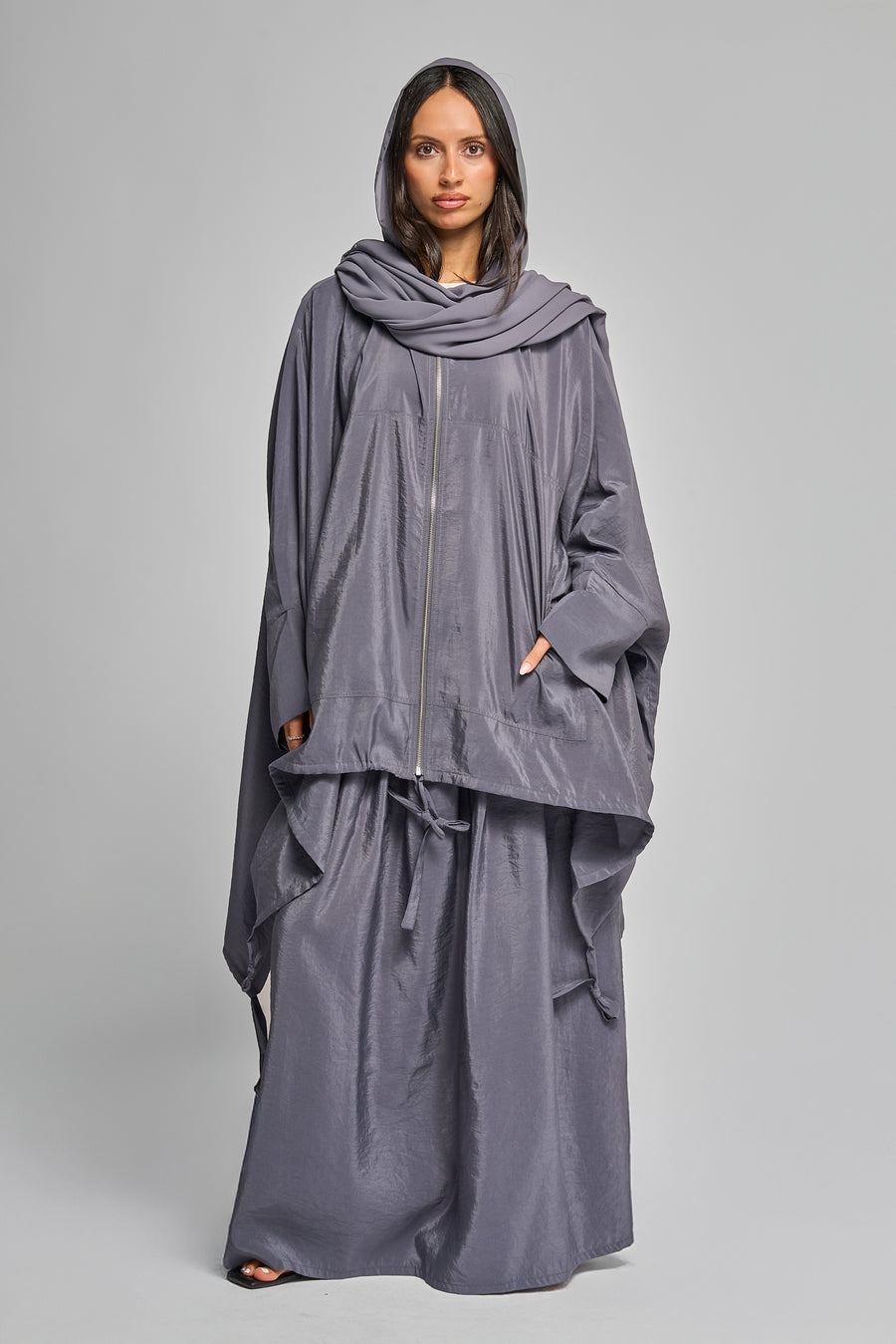 Modest Streetwear Gray Abaya Set with Zip Jacket and Skirt