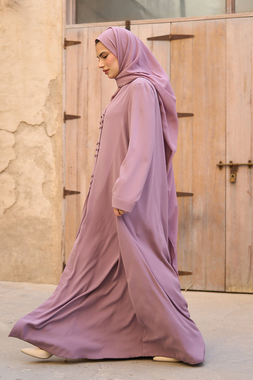Soft Crepe Mauve Abaya with Stylish Button Trims – hover image