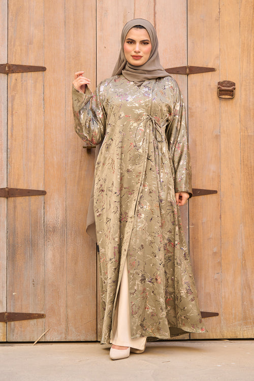 Shimmer Floral Print Abaya with Adjustable Waist