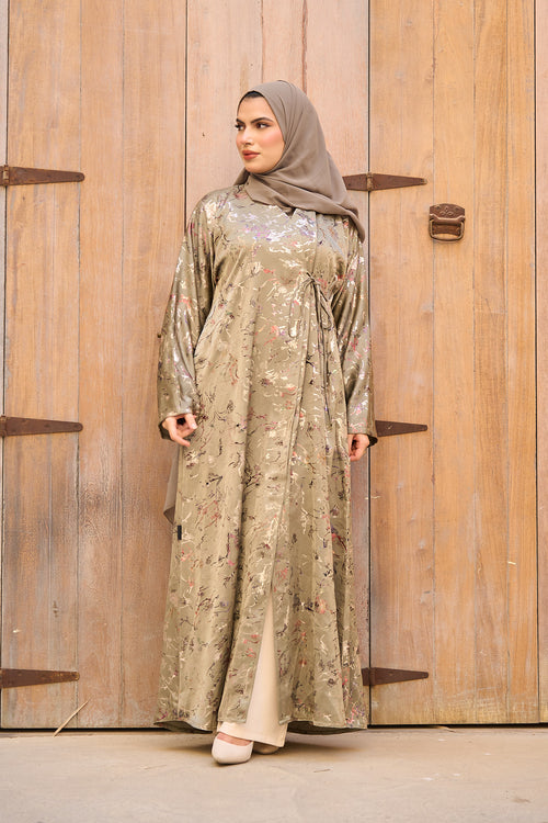 Shimmer Floral Print Abaya with Adjustable Waist – hover image