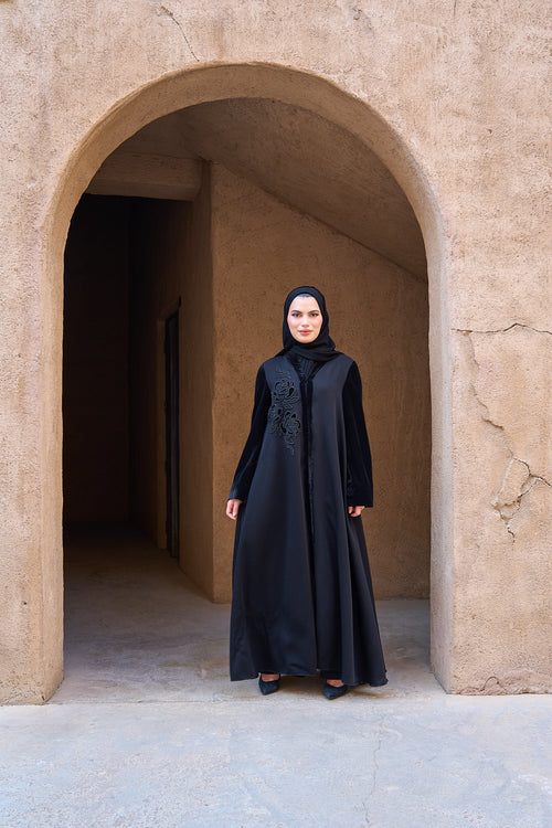 Black Velvet Contrast Abaya with Artistic Floral Hand Design – hover image
