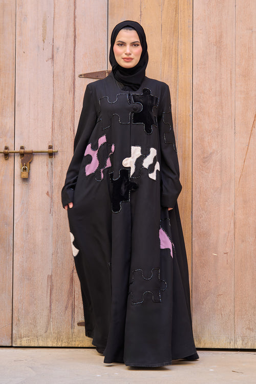 Black Puzzle Patchwork Close Abaya with Colorful Velvet Details