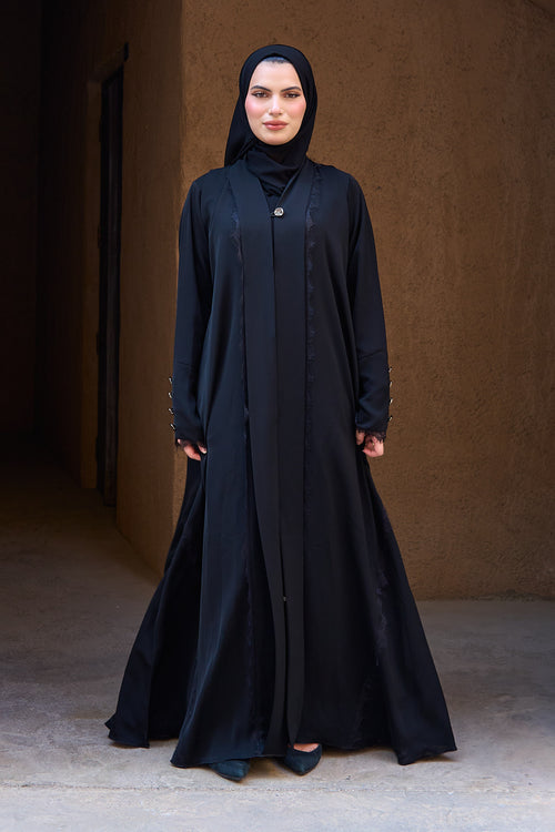 Black Abaya with Lace Trim and Buttoned Sleeve Detail