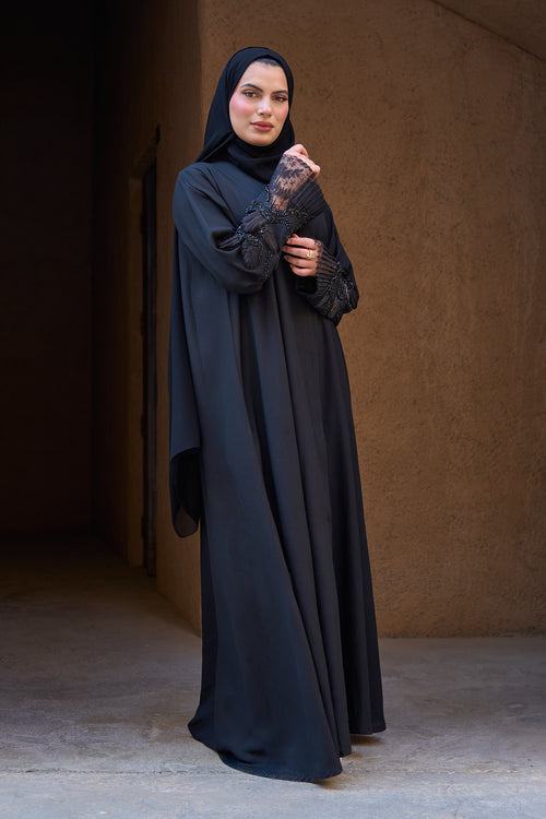 Black Clasic Abaya with Hand-Beaded Lace Sleeves
