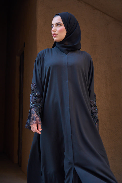 Black Clasic Abaya with Hand-Beaded Lace Sleeves – hover image