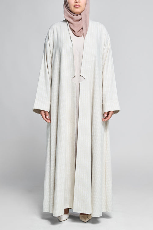 Ivory Pinstripe Minimalist Open Abaya - Linen Blend